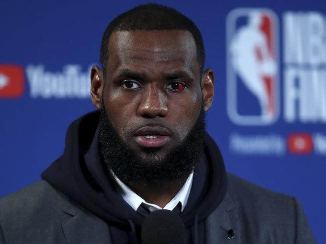 Cleveland Cavaliers forward LeBron James speaks at a news conference after Game 2 of basketball's NBA Finals between the Golden State Warriors and the Cavaliers in Oakland, Calif., Sunday, June 3, 2018. The Warriors won 122-103. (AP Photo/Ben Margot)