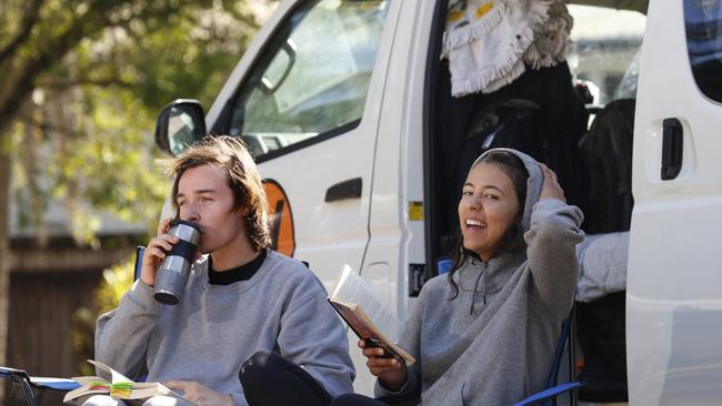 Austrian tourists Nico Schmidt and Silvia Pilotto in their campervan at the Cairns Sunland Leisure Park, PICTURE: ANNA ROGERS