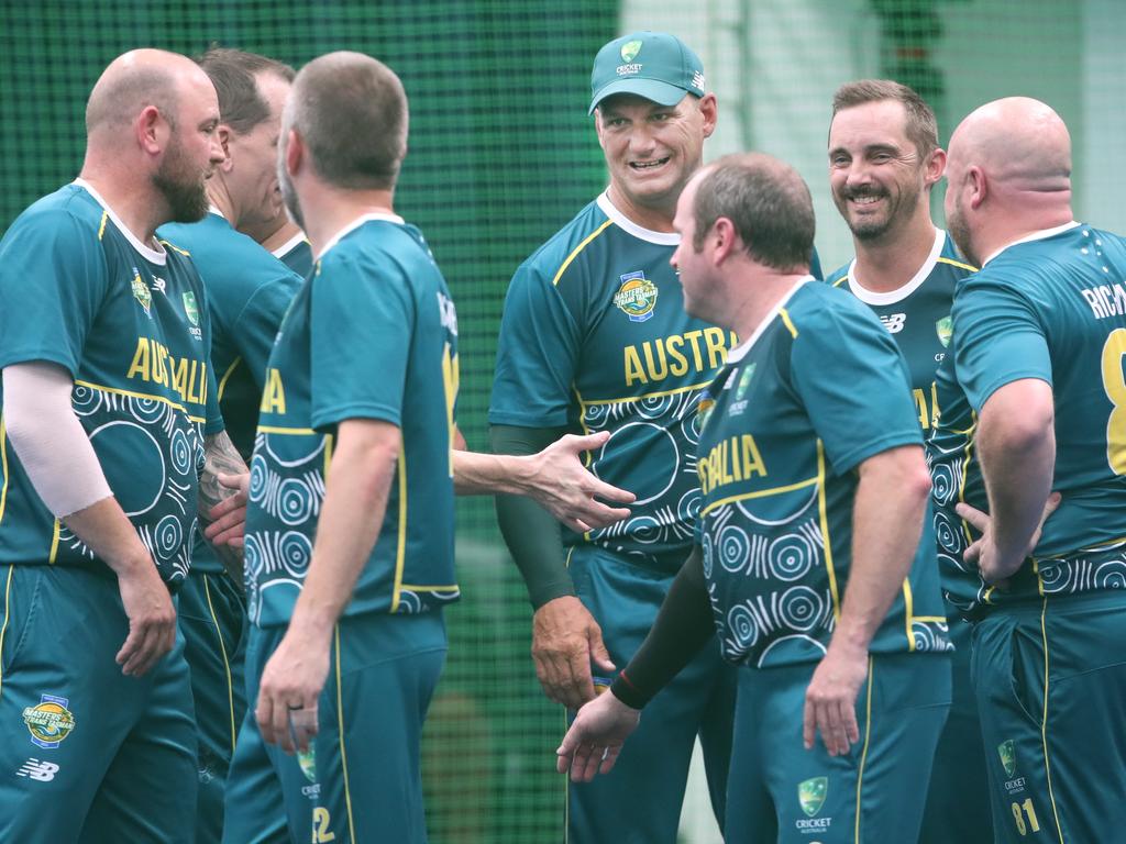 eThe Trans Tasman trophy for indoor cricket is being played on the Gold Coast at Ashmore. Australia v New Zealand Mens 40s . Australian team huddle. Picture Glenn Hampson