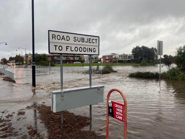 A Mawson Lakes road frequented by school children is regularly engulfed byrainwater. Picture: Supplied