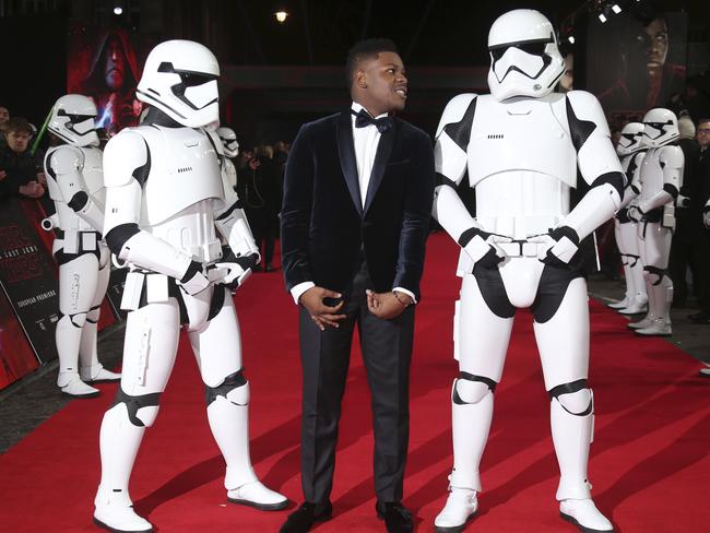 John Boyega, who plays Finn, with Stormtroopers. Picture: AP