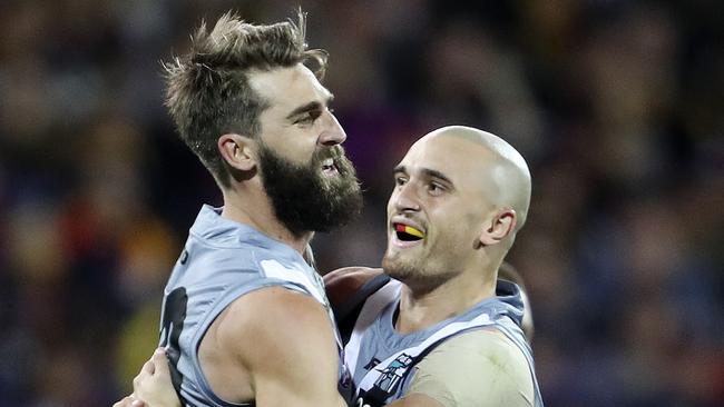 Justin Westhoff and Sam Powell-Pepper both returned to the Power side from the Magpies on Saturday night and starred in the Showdown 47 victory. Picture: Sarah Reed.