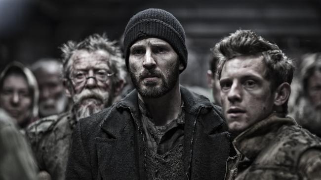 John Hurt, Chris Evans and Jamie Bell in Snowpiercer.