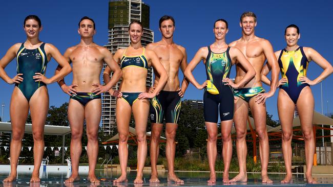 Maddison Keeney, Domonic Bedggood, Bronte Barratt, Cameron McEvoy, Emma McKeon, Jake Packard, and Kelsey Wakefield at the launch of the Olympic swimming uniforms for Rio. Pics Adam Head
