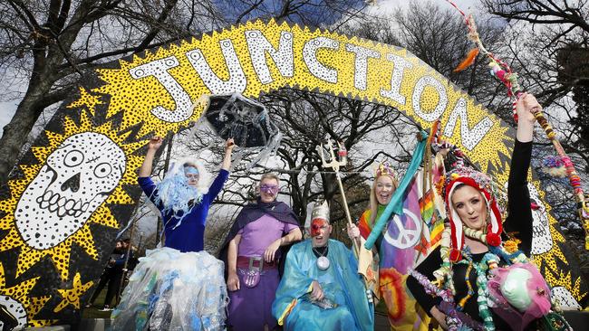 Interweave Arts Remade Parade participants (L-R) Scott Pearce, Michael Stott, Ryan Stott, Jo D'Giacoma and Lucy Crispin during the Junction Arts Festival at Launceston. PICTURE CHRIS KIDD