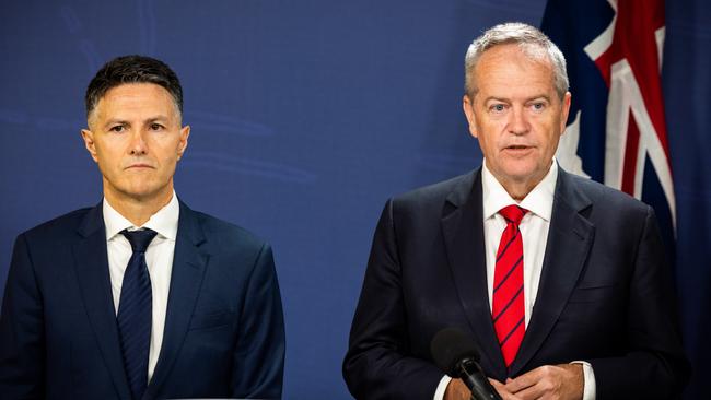 Minister for Government Services and the NDIS, Bill Shorten, holds a joint press conference with NSW State Minister Victor Dominello in Sydney. Picture: NCA NewsWire / Ben Symons