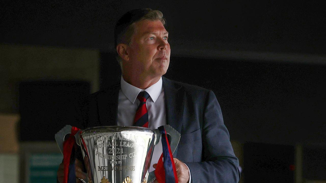 MELBOURNE.  18/11/2021. Melbourne Demons Cup Tour Launch at the MCG.  MÃMelbourne CEO Gary Pert with the Premiership Cup  Photo by Michael Klein.