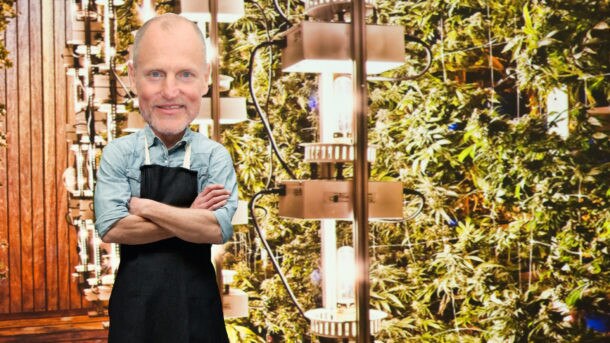 Trippy … a bit of photo trickery as Woody Harrelson opens a weed dispensary. Picture courtesy of Jack McGinn