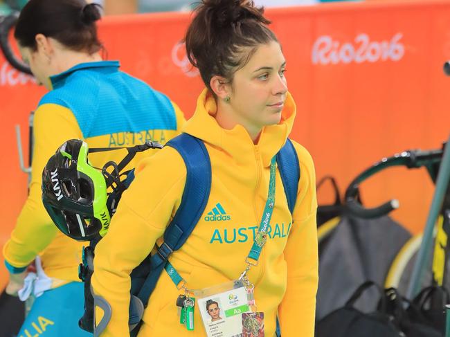 Rio Olympics 2016. Australian Track Cycling team practice at the Velodrome in Olympic Park, Rio de Janeiro, Brazil. Mel Hoskins on a walking stick after a fall on the track a few days ago. Picture: Alex Coppel.