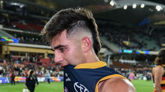 ADELAIDE, AUSTRALIA - APRIL 19:   Josh Rachele of the Crows   leave the ground after losing the round six AFL match between Adelaide Crows and Essendon Bombers at Adelaide Oval, on April 19, 2024, in Adelaide, Australia. (Photo by Mark Brake/Getty Images)