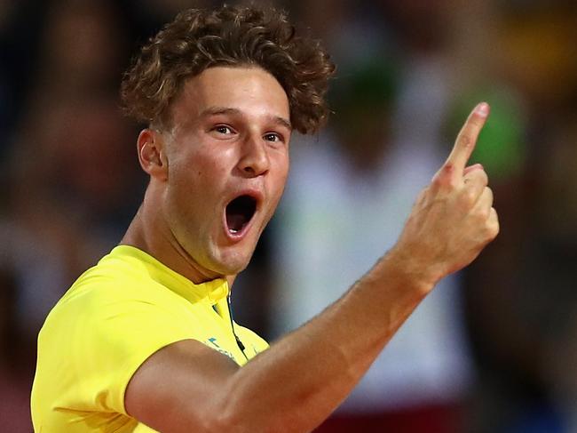 GOLD COAST, AUSTRALIA - APRIL 12:  Kurtis Marschall of Australia celebrates in the Men's Pole Vault final during athletics on day eight of the Gold Coast 2018 Commonwealth Games at Carrara Stadium on April 12, 2018 on the Gold Coast, Australia.  (Photo by Michael Steele/Getty Images)