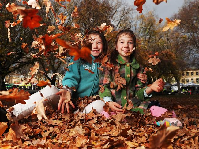 Sisters Anneliese, 9, and Miranda Aras, 7, of Claremont, enjoying the last days of autumn. Picture: Nikki Davis-Jones