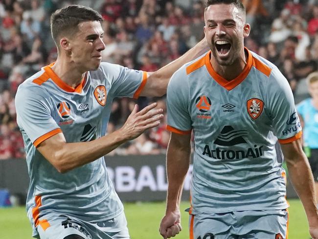 Bradden Inman of the Roar celebrates a goal during the Round 13 A-League match between Western Sydney Wanderers and Brisbane Roar FC at Bankwest Stadium in Sydney, Wednesday, January 1, 2020. (AAP Image/Mark Evans) NO ARCHIVING, EDITORIAL USE ONLY