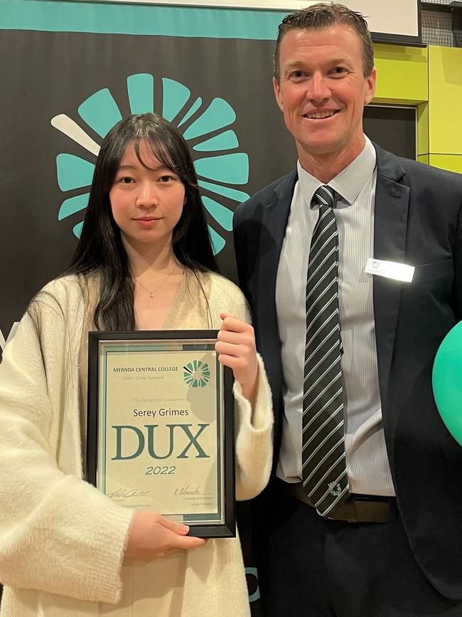 MCC Inaugural Dux for 2022, Serey Grimes, with College Principal Anthony Oldmeadow.