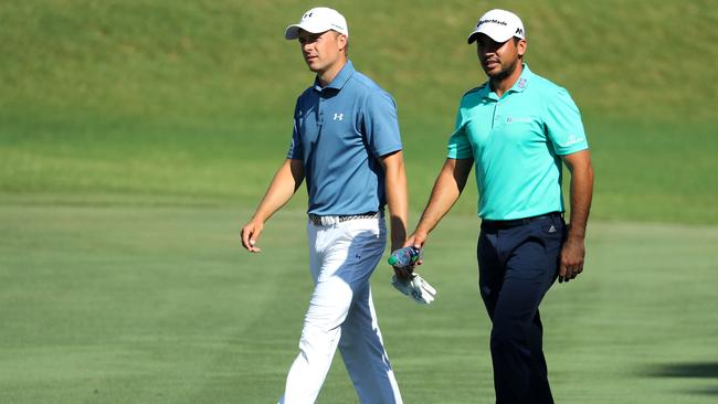 Jordan Spieth of the USA and Jason Day of Australia at the TPC Stadium course.
