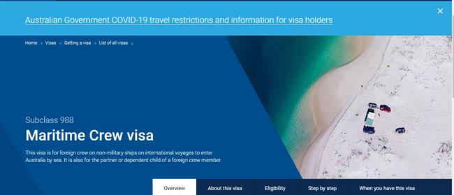 The Maritime Crew Visa application website.