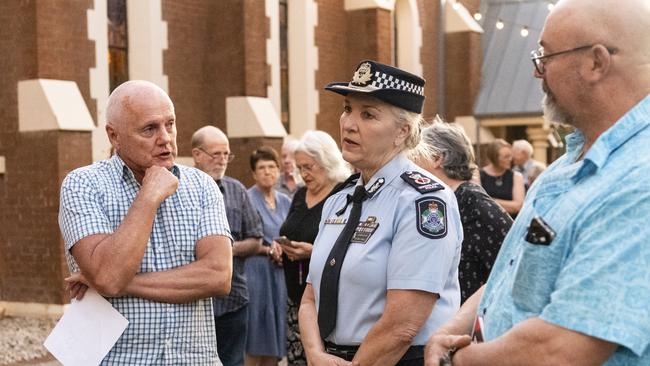 Bruce Long (left) and Geoff Castle talk to Police Commissioner Katarina Carroll before the Toowoomba Community Safety Forum at Empire Theatres, Wednesday, February 15, 2023. Picture: Kevin Farmer