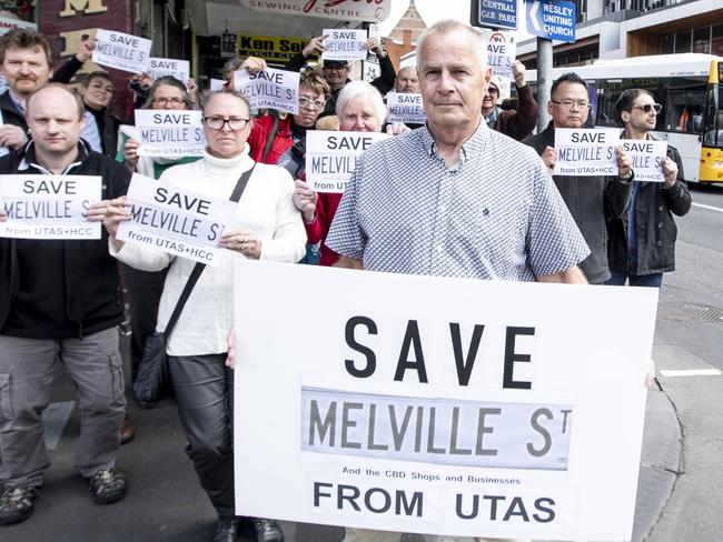 Denis McLoughlin and CBD traders and shop owners were angry at UTAS plans for the street (2021). Picture Eddie Safarik