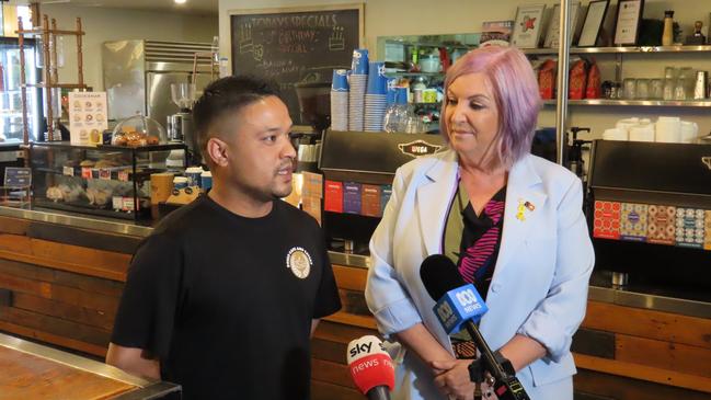 Dukes Cafe and Eatery owner Prabin Maharjan and Minister Robyn Cahill. Picture: Aden Hill