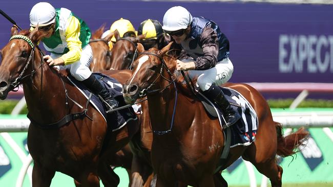 Tyler Schiller and Catch The Glory (right) win the Midway at Royal Randwick on Saturday. Picture: Jeremy Ng / Getty Images