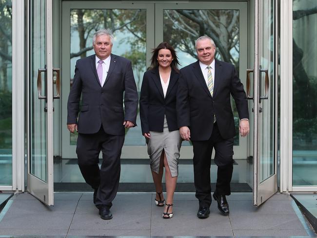 Senators Rex Patrick,Jacqui Lambie and Stirling Griff at Parliament House ahead of the final vote. Picture: Kym Smith