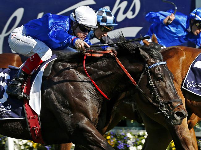 Blue Sapphire Stakes Day at Caulfield Racecourse, Damian Lane onboard Keen Array beats (L) Craig Williams onboard Mogador and (L) Dwayne Dunn onboard Haptic to win. Melbourne. ,14th October 2015. Picture: Colleen Petch.