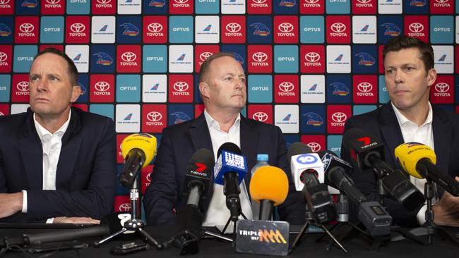 Don Pyke, Crows chairman Rob Chapman and Adelaide chief executive Andrew Fagan address the media at Pyke’s resignation on Thursday. Picture: AAP/Emma Brasier