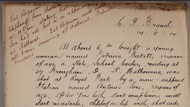 Initial police report about Patricia Bickett being shot by Antonio Soro in 1914. Source: Public Record Office, Victoria