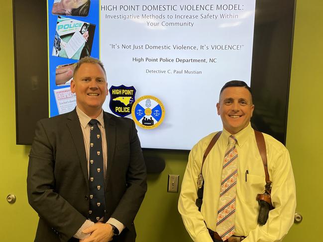 Superintendent Andrew Hurst met with Detective Paul C. Mustian on his Churchill Fellowship study tour. Picture: Supplied Churchill Trust