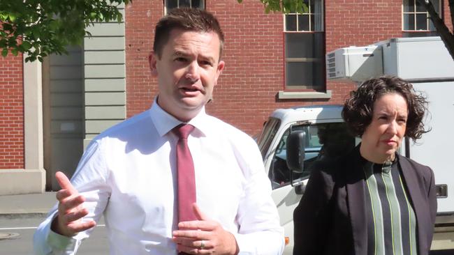 Labor leader MP Dean Winter and CPSU chief Thirza White speak to the media about budget cuts in Liverpool Street Hobart on Wednesday, February 5, 2025.