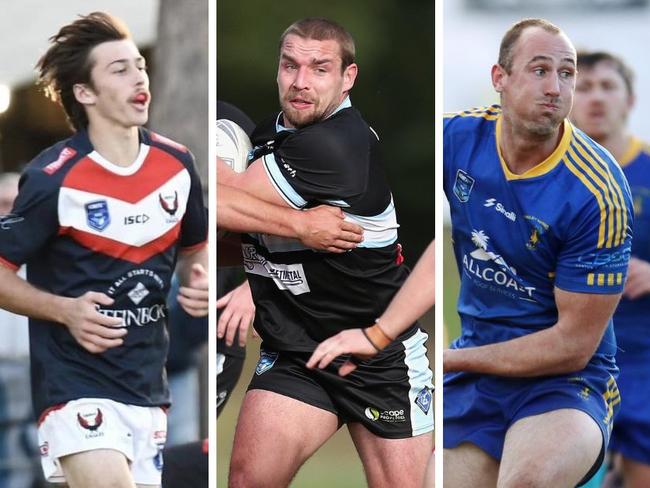 Riley Burke from the Erina Eagles, Elih Jackson from the Terrigal Sharks and Brady Barwick for the Toukley Hawks during the 2023 Central Coast Rugby League season. Picture: Jodie Ward/Sue Graham