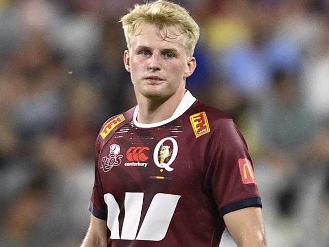 TOWNSVILLE, AUSTRALIA - FEBRUARY 25:  Tom Lynagh of the Reds looks on during the round one Super Rugby Pacific match between Queensland Reds and Hurricanes at Queensland Country Bank Stadium, on February 25, 2023, in Townsville, Australia. (Photo by Ian Hitchcock/Getty Images)