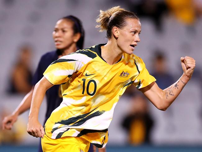 SYDNEY, AUSTRALIA - FEBRUARY 10: Emily van Egmond of the Matildas celebrates scoring a goal during the Women's Olympic Football Tournament Qualifier match between Thailand and the Australian Matildas at Campbelltown Sports Stadium on February 10, 2020 in Sydney, Australia. (Photo by Mark Kolbe/Getty Images)