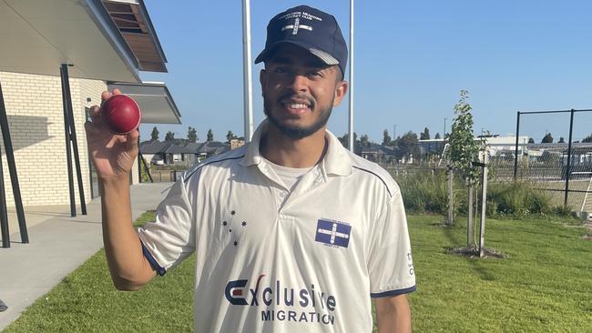 Mohit Mandora holds the ball he took 10 wickets with for Cranbourne Meadows. Picture: Supplied