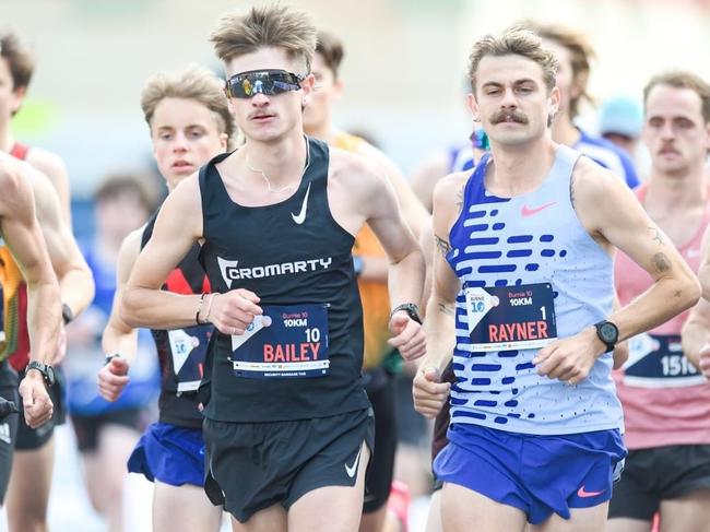 Jack Rayner (right) on his way to defending his Burnie 10 crown on Sunday. Picture: Simon Sturzaker Photography