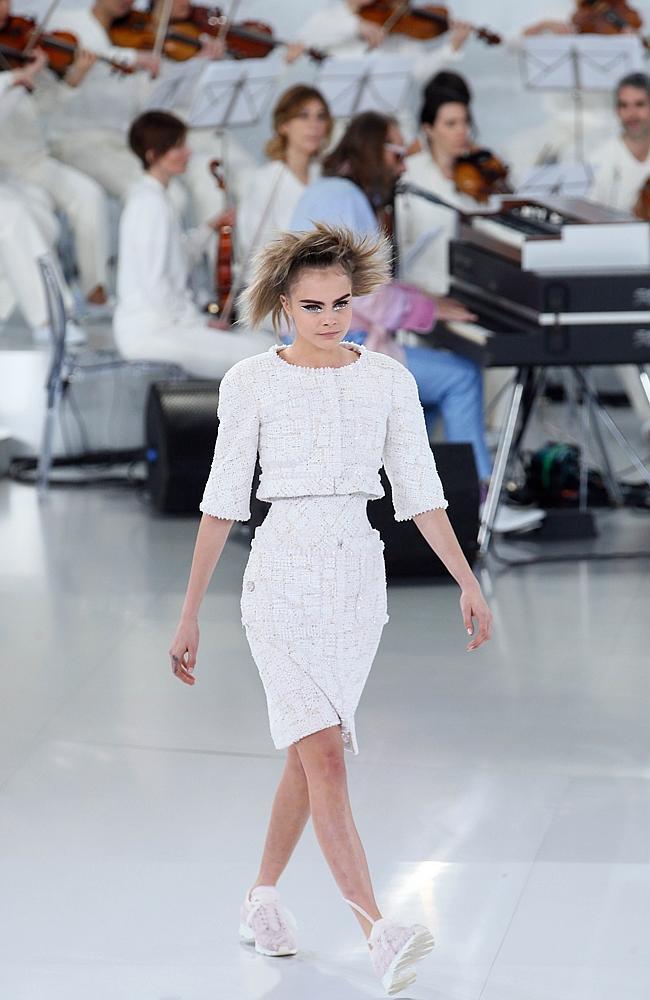 Model of the moment Cara Delevingne was most comfy with the new-look casual collection. Picture: AFP