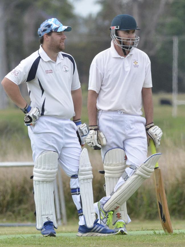 Coutts Crossing batsmen Adam Pearce and Justin Inskip spend some time in the middle during a CRCA 3rd Grade match at Rushforth Park in 2015. Photo Bill North / Daily Examiner