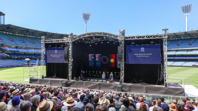 Thousands of people have gathered for the Victoria State Memorial Service for Ron Barassi AM at Melbourne Cricket Ground. Picture: Asanka Ratnayake