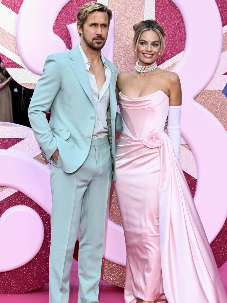 Ryan Gosling and Margot Robbie went pastel. Photo: Gareth Cattermole/Getty Images