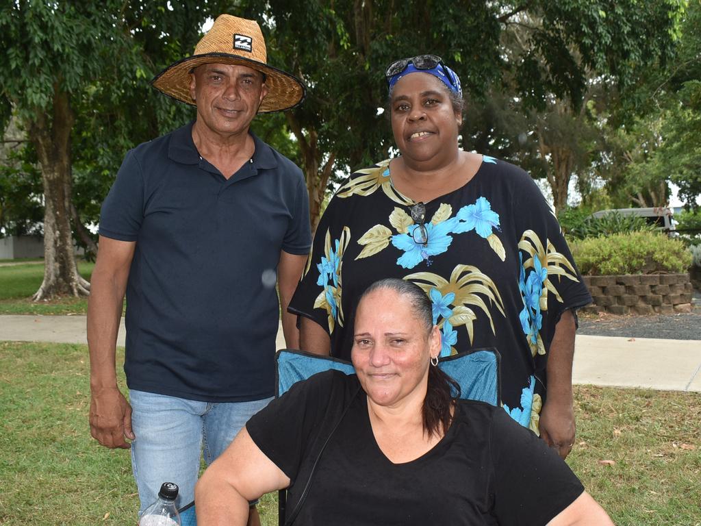 Douglas Farmer with his sister Natalie Farmer and Adrienna Bann at the Mackay & District South Sea islander Association's 2022 Australia Day Celebrations in Quota Park. Picture: Lillian Watkins