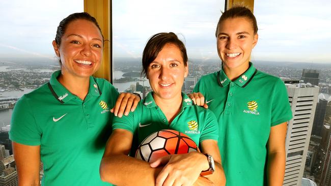 Matilda stars Kyah Simon, Lisa De Vanna and Steph Catley at the Sydney Tower. Picture: Adam Taylor