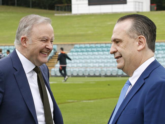 SYDNEY, AUSTRALIA - NewsWire Photos JUNE 14 , 2024: L to R: Prime Minister Anthony Albanese chats with ARL Chair Peter V'Landys after the press conference at Leichhardt Oval.  Prime Minister Anthony Albanese, NSW Minister for Sport Steve Kamper and Mayor of Inner west  Darcy Byrne announce a joint $40 million funding package to re-develop and thereby save, Leichhardt Oval.  Picture: NewsWire / John Appleyard