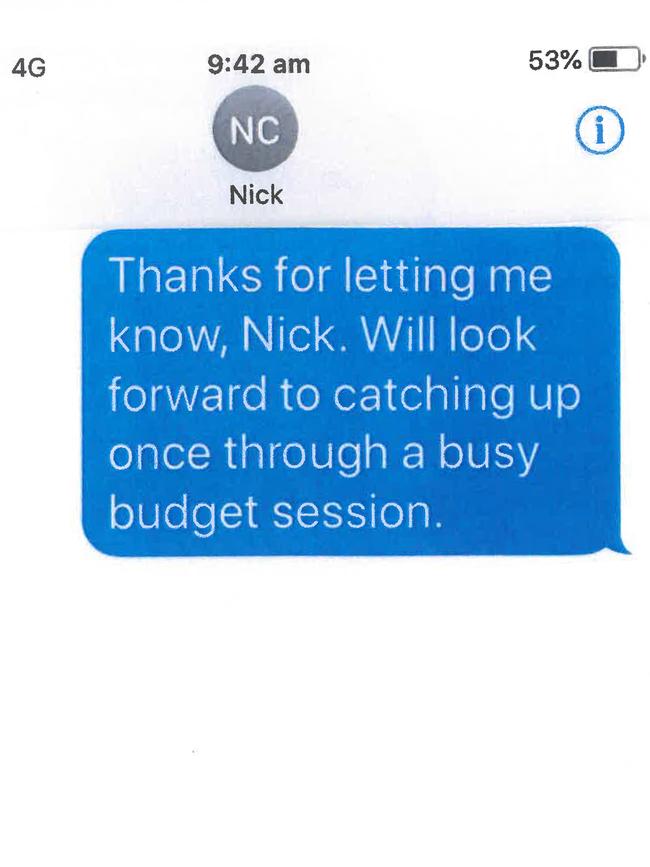 Text messages form Premier Will Hodgman to Cricket Tas CEO Nick Cummins. Picture: SUPPLIED