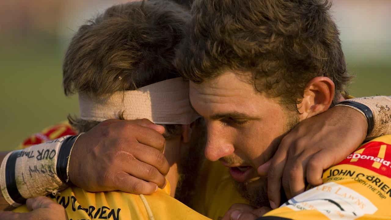 Scott Cubit celebrates with Ben Reuter after Ben's try for Gatton. Photo Kevin Farmer