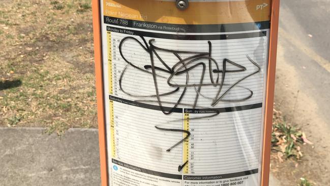 A number of bus shelters along the Mornington Peninsula have been smashed and graffitied. Picture: Supplied