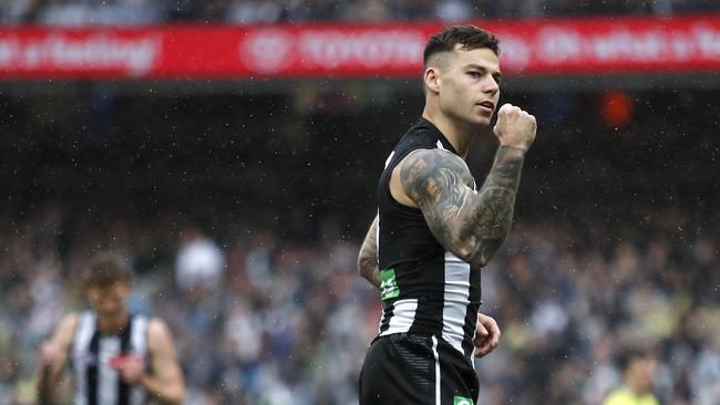 Jamie Elliott celebrates a goal in the 2019 preliminary final. Picture: Getty