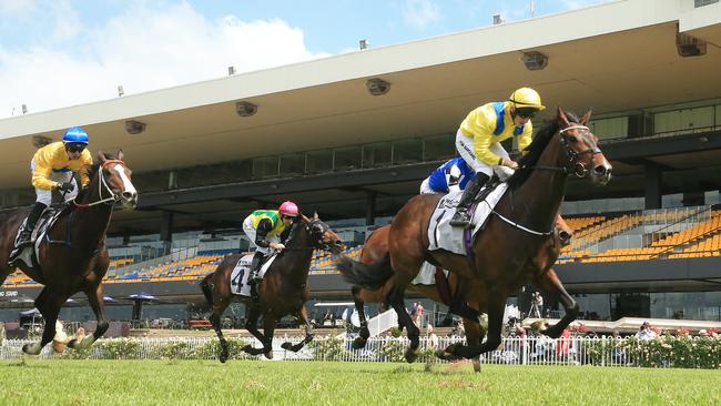 Tom Marquand and Young Rascal race clear to win the N E Manion Cup during 2020 Golden Slipper Day at Rosehill Gardens. Picture: Mark Evans/Getty Images