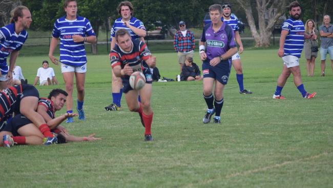 Bangalow halfback Tim Cohen fires a ball out against Byron Bay. Photo The Northern Star