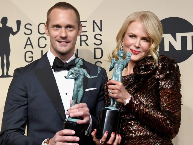 Alexander Skarsgard, winner of Outstanding Performance by a Male Actor in a Miniseries or Television Movie and actor Nicole Kidman, winner of Outstanding Performance by a Female Actor in a Miniseries or Television Movie, both for Big Little Lies, after the 24th Screen Actors’ Guild Awards in 2018. Picture: Getty Images