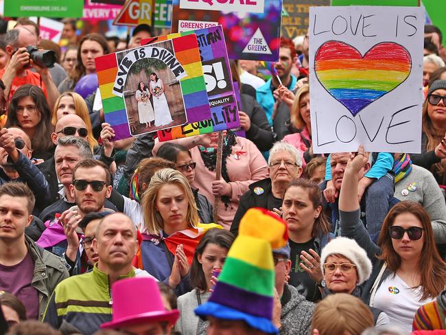 Australians gather at the State Library of Victoria to rally for marriage equality. Picture: Scott Barbour/Getty Images